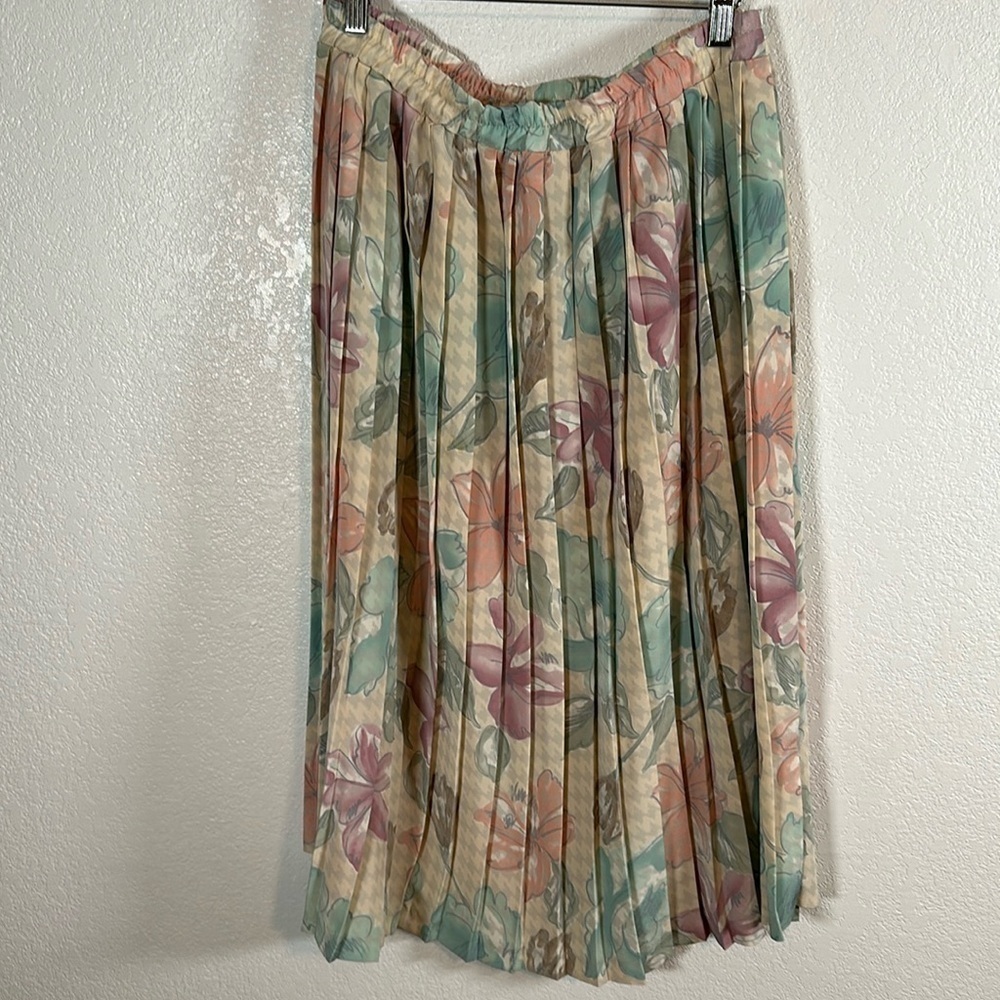 Vintage Andrea Gayle Floral & Houndstooth Midi Pleated Skirt Size Large